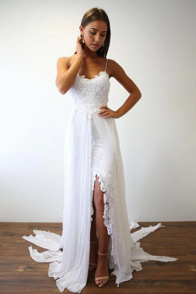 Vestido de novia blanco de encaje con escote corazón y tirantes finos para playa, vestidos de novia con gasa